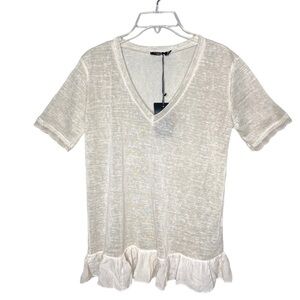 Senza Tempo Sheer Beige V-Neck Ruffle Top